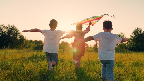 Children,Boy,,Girl,Play,With,Toy,Kite.,Children,Toy,Plane.